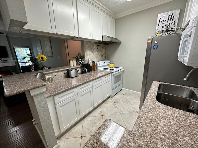 kitchen with white cabinets, kitchen peninsula, white appliances, and sink