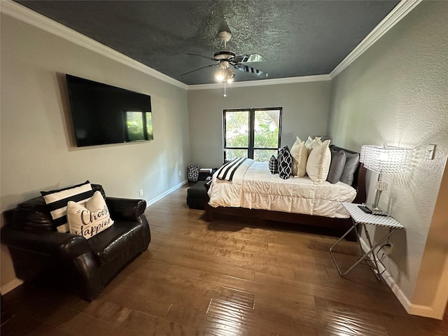 bedroom with a textured ceiling, hardwood / wood-style flooring, ceiling fan, and ornamental molding