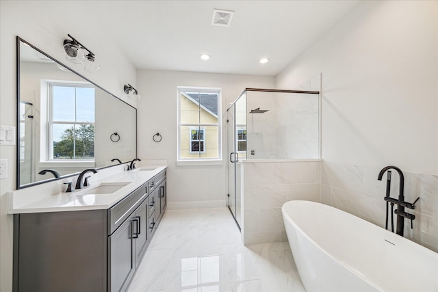 bathroom with separate shower and tub and vanity