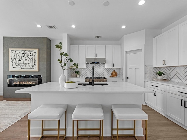 kitchen featuring white cabinetry, light stone counters, dark hardwood / wood-style flooring, and an island with sink