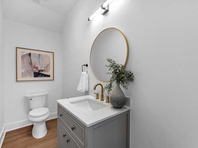 bathroom with toilet, vanity, lofted ceiling, and hardwood / wood-style flooring