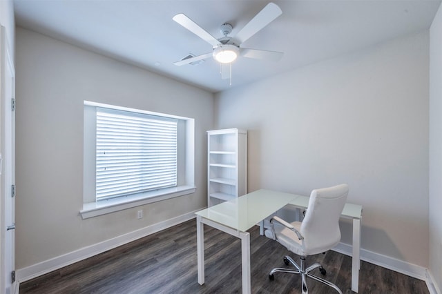 office area featuring ceiling fan and dark wood-type flooring