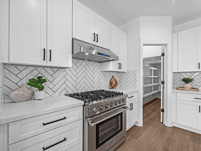 kitchen with white cabinets, stainless steel range, and tasteful backsplash