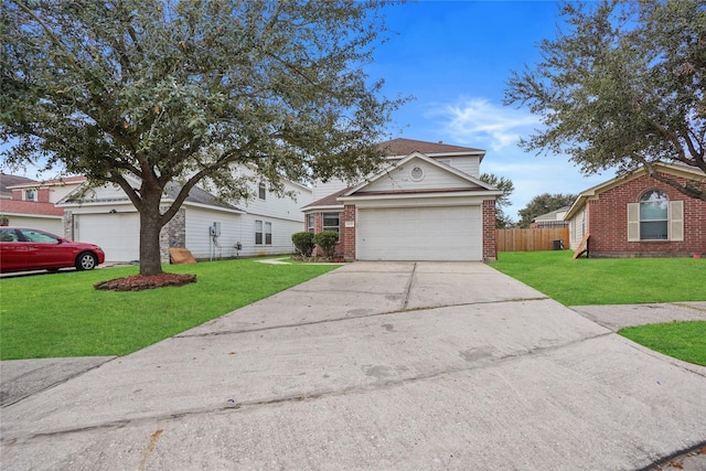 single story home featuring a front yard and a garage