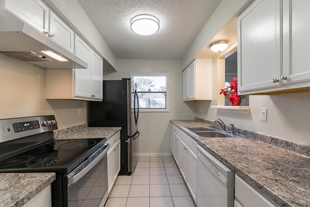 kitchen featuring sink, light tile patterned floors, stainless steel range with electric cooktop, white dishwasher, and white cabinets