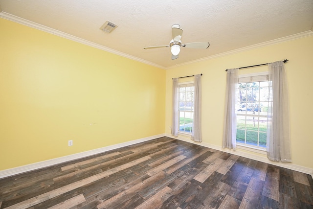 spare room with a textured ceiling, dark hardwood / wood-style floors, ceiling fan, and crown molding