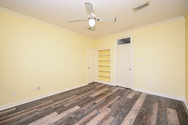 unfurnished bedroom with a textured ceiling, crown molding, ceiling fan, and dark wood-type flooring