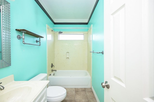 full bathroom featuring vanity, crown molding, tile patterned flooring, toilet, and shower / bath combination