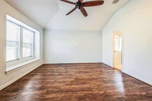 unfurnished room with ceiling fan, dark wood-type flooring, and vaulted ceiling