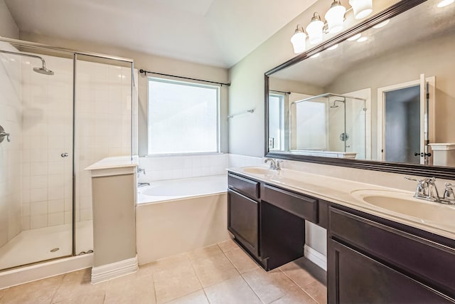 bathroom featuring separate shower and tub, tile patterned flooring, and vanity