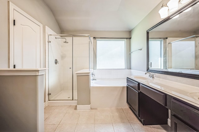 bathroom with separate shower and tub, tile patterned flooring, and vanity