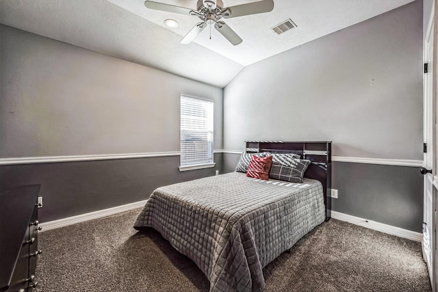 carpeted bedroom featuring ceiling fan and lofted ceiling