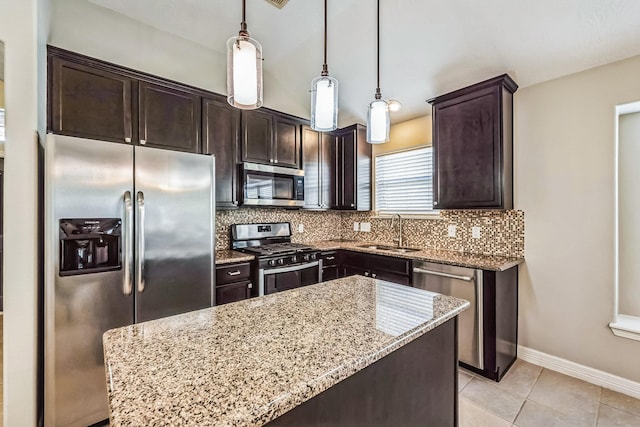 kitchen featuring tasteful backsplash, stainless steel appliances, sink, a kitchen island, and hanging light fixtures