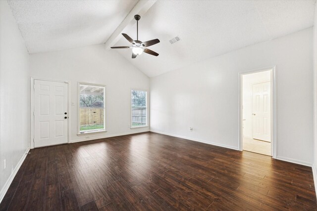 spare room with ceiling fan, dark wood-type flooring, beamed ceiling, high vaulted ceiling, and a textured ceiling