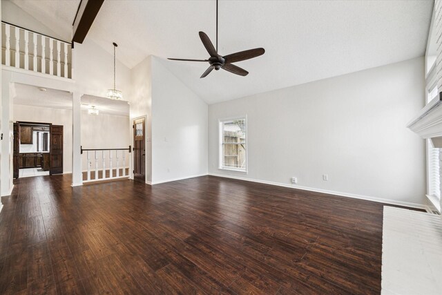 unfurnished living room with ceiling fan, beam ceiling, dark hardwood / wood-style flooring, and high vaulted ceiling