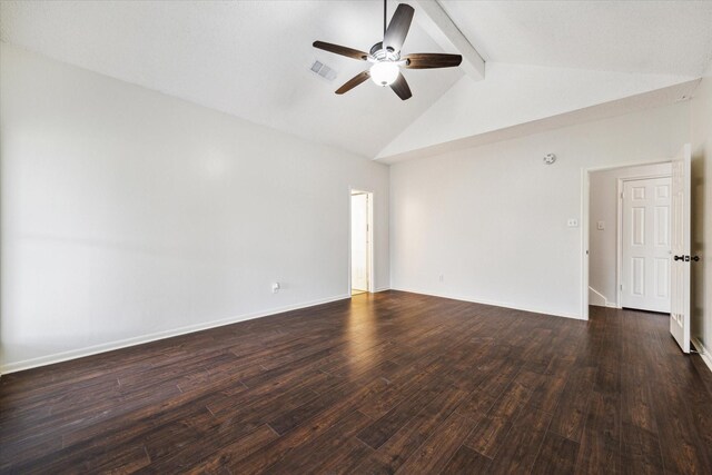 unfurnished room with vaulted ceiling with beams, ceiling fan, and dark wood-type flooring