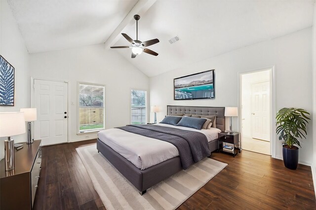 bedroom featuring beamed ceiling, dark hardwood / wood-style floors, high vaulted ceiling, and ceiling fan