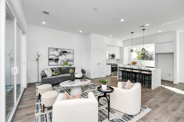 living room with light hardwood / wood-style flooring