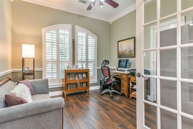 office space with ceiling fan and crown molding