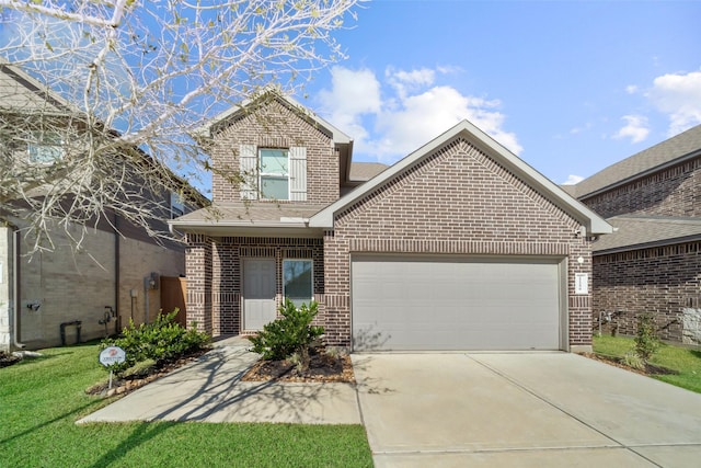 view of front of home with driveway, a shingled roof, a front lawn, a garage, and brick siding