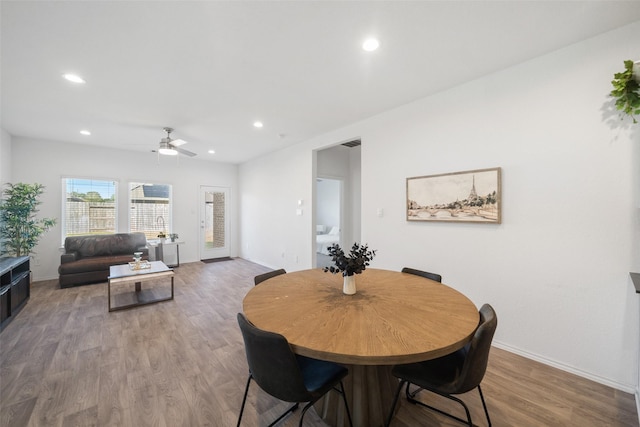 dining space with ceiling fan and wood-type flooring