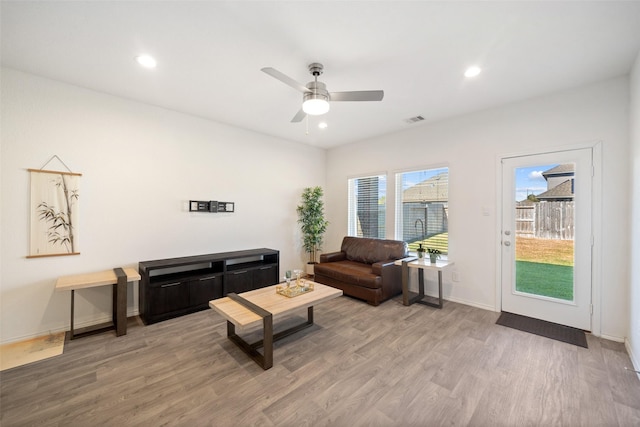 living room featuring ceiling fan and wood-type flooring