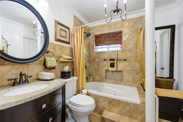 full bathroom with vanity, toilet, crown molding, and shower / tub combo with curtain