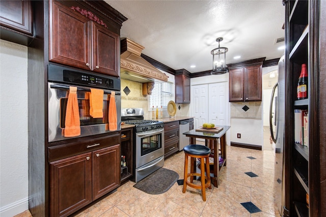 kitchen with backsplash, custom exhaust hood, ornamental molding, and stainless steel appliances