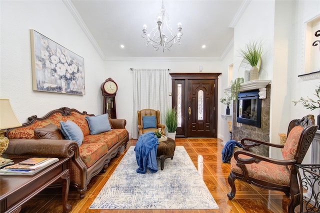 tiled living room featuring crown molding, vaulted ceiling, and an inviting chandelier