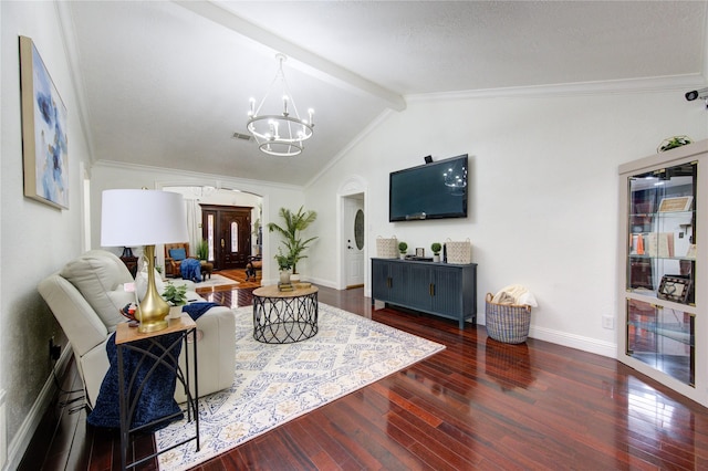 living room featuring dark hardwood / wood-style flooring, vaulted ceiling with beams, crown molding, and a notable chandelier