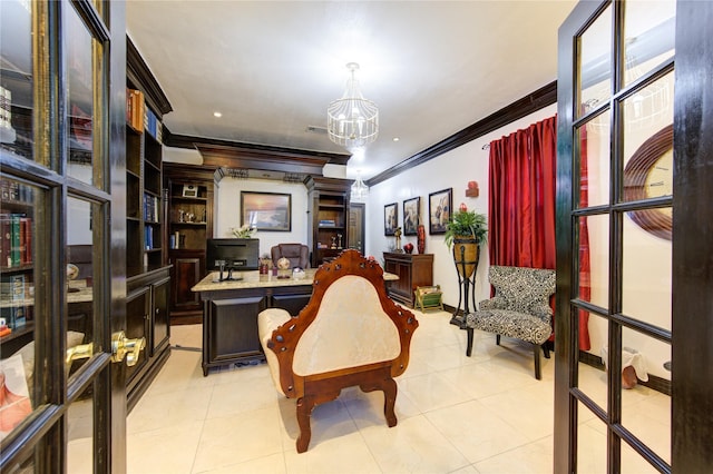 tiled office space featuring ornamental molding and an inviting chandelier