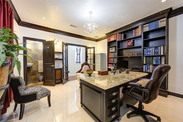 tiled office with french doors, an inviting chandelier, and crown molding