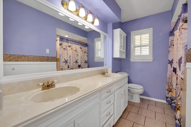 bathroom featuring tile patterned flooring, vanity, and toilet