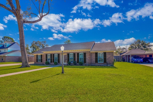 ranch-style house with a front yard and a carport