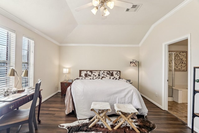 bedroom featuring connected bathroom, ceiling fan, dark hardwood / wood-style floors, crown molding, and lofted ceiling