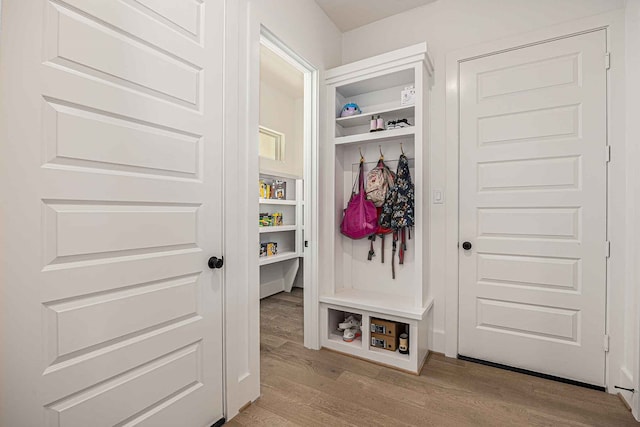 mudroom with built in shelves and light wood-type flooring