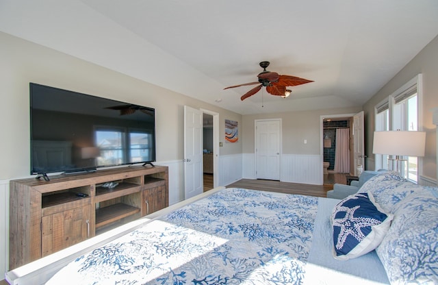 bedroom with ceiling fan and wood-type flooring