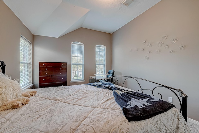 bedroom featuring lofted ceiling and multiple windows