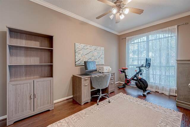 office space featuring ceiling fan, crown molding, and dark wood-type flooring