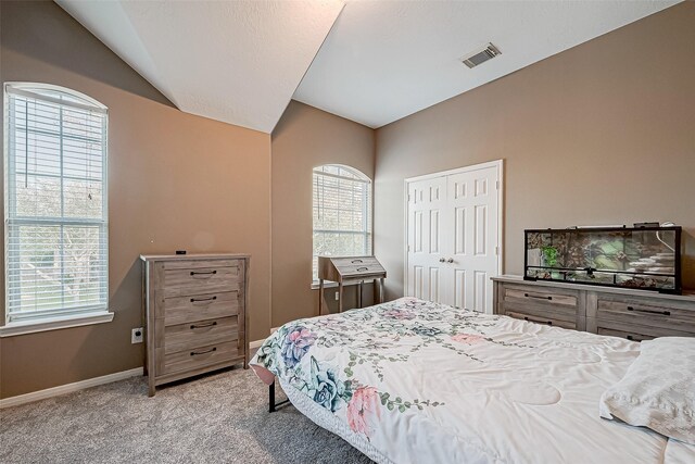 bedroom featuring a closet, vaulted ceiling, and light colored carpet