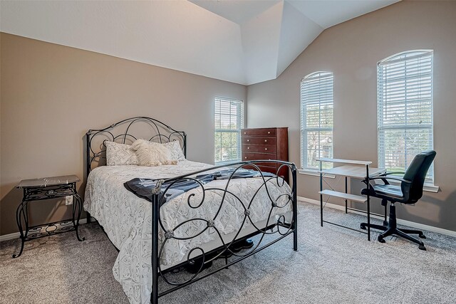 bedroom with carpet flooring and vaulted ceiling