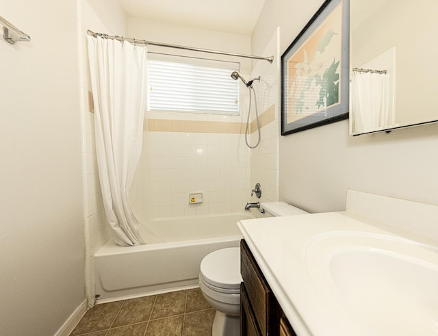 full bathroom with vanity, shower / bathtub combination with curtain, and toilet