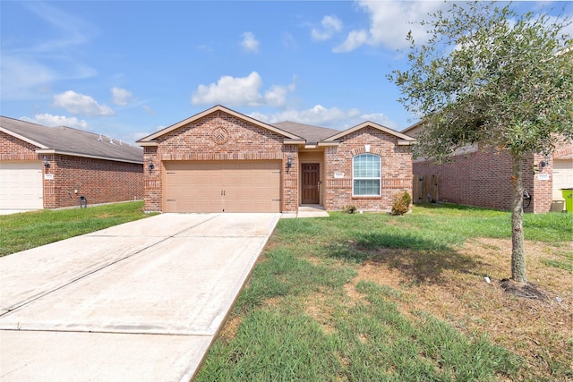 single story home with a garage and a front yard