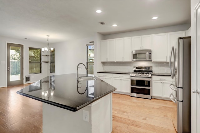 kitchen featuring white cabinets, sink, stainless steel appliances, and a center island with sink