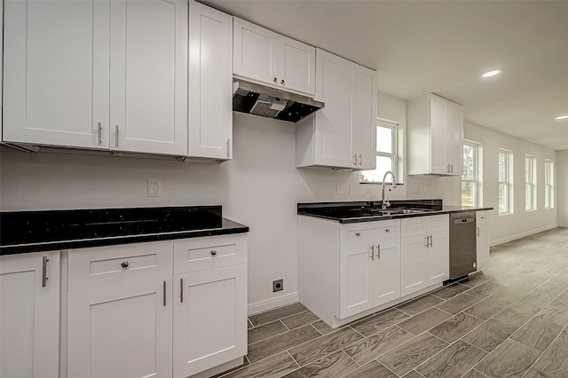 kitchen featuring stainless steel dishwasher, white cabinetry, and sink