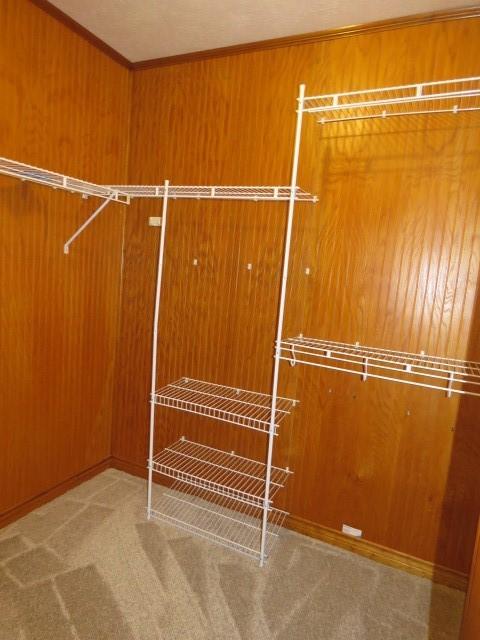 spacious closet with elevator and carpet floors