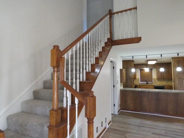 stairs with hardwood / wood-style floors and sink