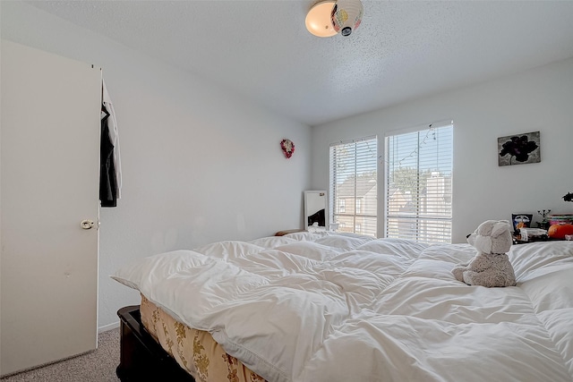 bedroom featuring carpet and a textured ceiling