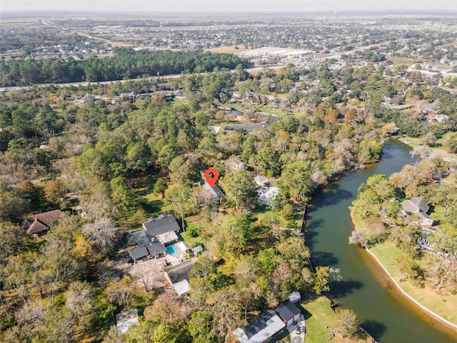 bird's eye view with a water view