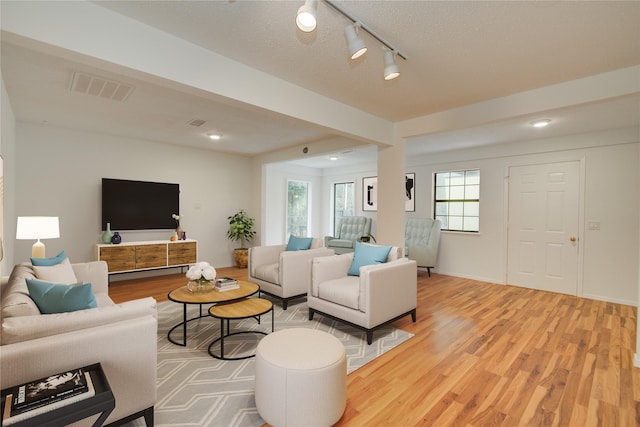 living room with hardwood / wood-style floors, a textured ceiling, and plenty of natural light